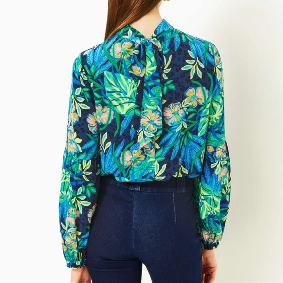 Lilly Pulitzer Witaker Silk Mock Neck Tie Back Long Sleeve Top: Multi Floral: XS - Picture 2 of 15